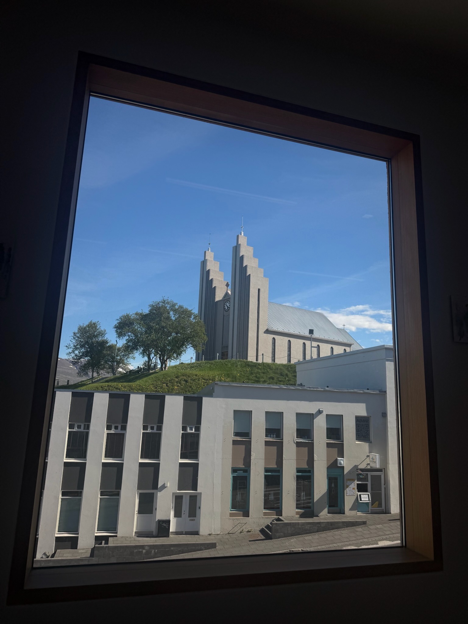 The view of Akureyrarkirkja from the Akureyri Art Museum